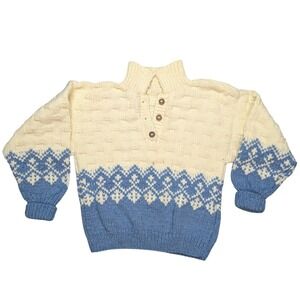Homemade XL‎ White Blue Chunk Knit Long Sleeve Thick Warm Sweater Button Neck